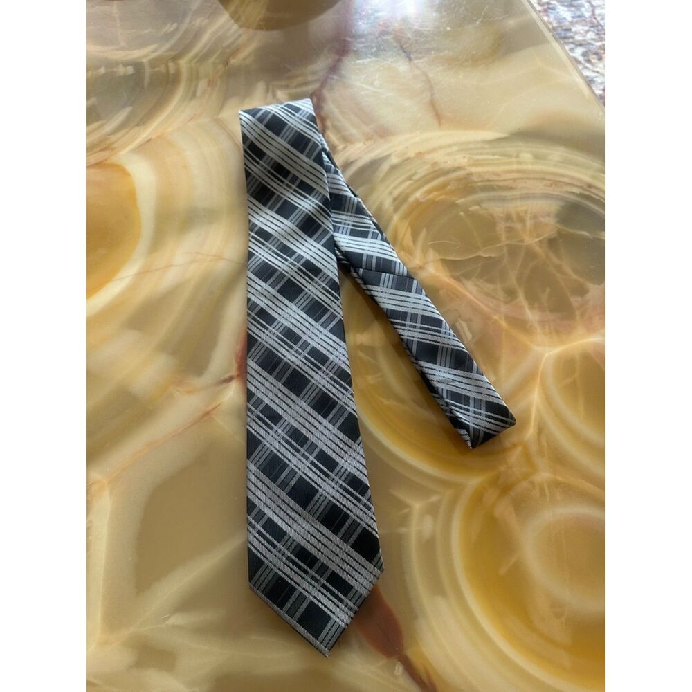 Bergamo New York Silk Tie Black & Silver Diagonal Plaid/Tartan